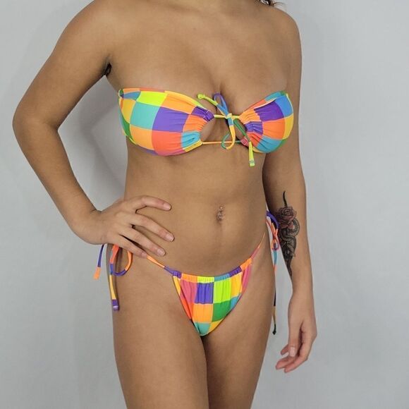 Colorful Color Block Checkered Sexy Beach Bandeau Tie Swim Suit Bikini 2 Piece - Picture 1 of 3